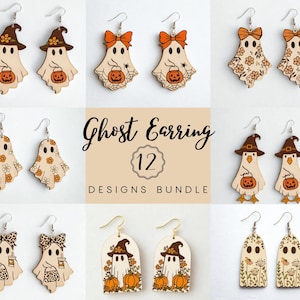 Puede incluir: Una colección de doce pendientes de fantasma de madera con varios diseños. Algunos fantasmas llevan sombreros de bruja, lazos o patrones florales. Cada pendiente presenta un diseño único con temática de Halloween, incluyendo calabazas y telarañas. También es visible el texto "Ghost Earring 12 Designs Bundle".