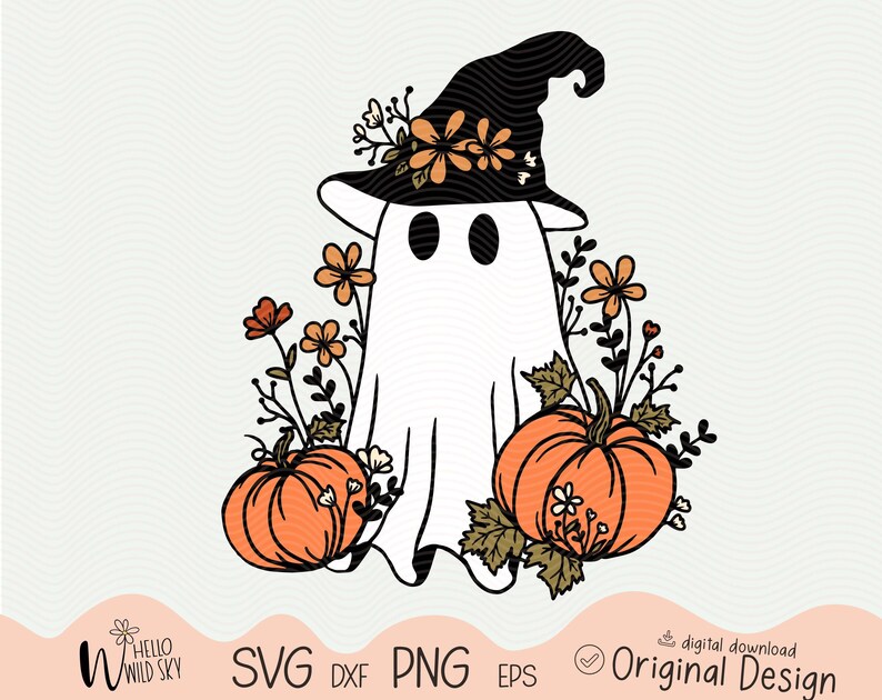 May include: A white ghost wearing a black witch hat with orange and yellow flowers. The ghost is holding two orange pumpkins with green stems and leaves.
