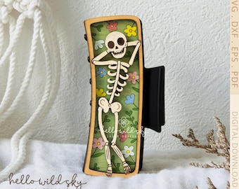 Cute Skeleton Flower Garden Hair Clip SVG, Floral Skeleton Halloween Claw Clip 4.1", Spooky Skeleton Hair Clip, (Digital Download)