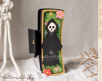 Gothic Reaper Laser Hair Clip, Floral Skeleton Claw Clip 4.1", Halloween Hair Accessory (Digital Download)