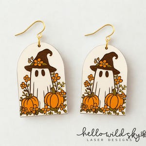 Słodkie kolczyki z duchami, kwiatowe duchy grawerowane laserowo, kolczyki boho halloween, plik do cięcia Glowforge, pobieranie cyfrowe