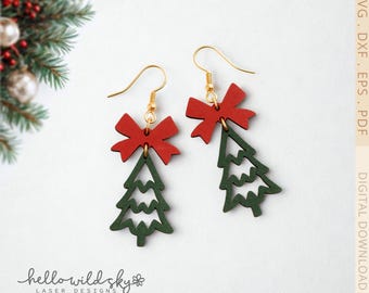 Christmas Tree Earring SVG File, Christmas Tree with Bow Earring, earring file for laser, (Digital Download)
