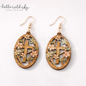 Cruz de Pascua floral, pendientes de cruz de Pascua SVG, pendientes colgantes de cruz floral, Feliz Pascua, Él ha resucitado (Descarga digital)