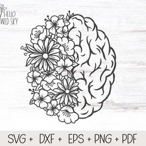 Pode incluir: Ilustração de linha preta e branca de um cérebro com flores crescendo dele. O texto "Hello Wild Sky" está no canto superior esquerdo da imagem.