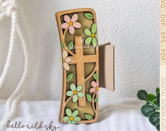Floral Cross Hair Clip SVG , Flower Cross Claw Clip 4.1", Wooden Hair Clip Design,  Religious Hair Accessory Design (Digital Download)
