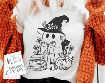Cute ghost png, Ghost Reading Books, Bookish Ghost SVG, Bookish Halloween, Cute Flower Ghost Svg, Librarian Halloween, Halloween png, ghouls