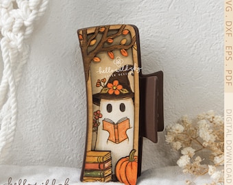 Cute Ghost Hair Clip 4.1", Ghost Read Book Claw Clip SVG file, Fall Ghost Laser Hair Clip (Digital Download)