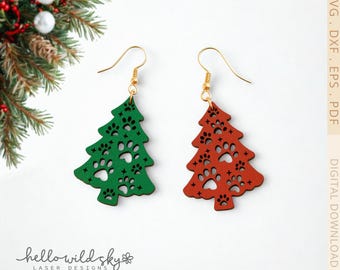 Christmas Tree With Paws Earring SVG, Dog Cat Paw Laser Cut File, Christmas Tree SVG Design, Pet Lovers earrings (Digital Download)