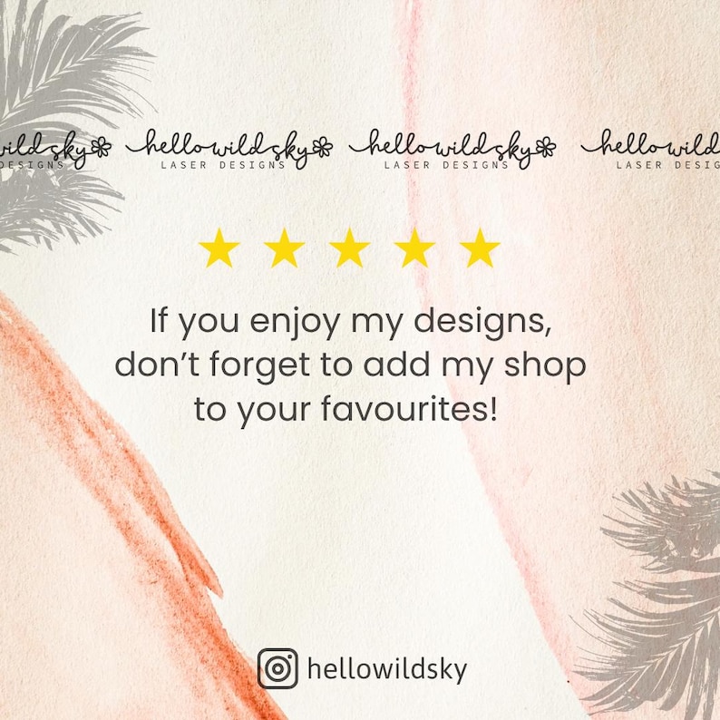 May include: A promotional graphic with the text "hello wild sky" and five gold stars. The text encourages viewers to add the shop to their favorites. The background has a watercolor effect with palm fronds.