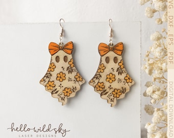 Boho Floral Ghost Laser Cut Earrings: Glowforge SVG File (Digital Download)