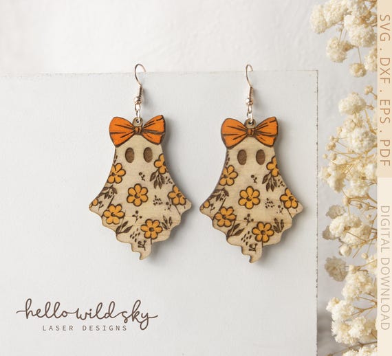 Boho Floral Ghost Laser Cut Earrings: Glowforge SVG File (Digital Download)