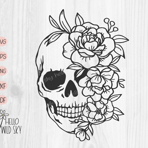 Schädel-Svg-Datei, Floral Skull svg, Schädel Vektor, Schädel Blume svg Vektor-Silhouette, Sugar Skull svg-Datei, Schädel Blume geschnitten Datei, Halloween