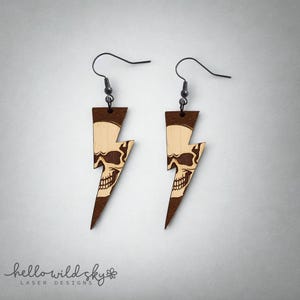 Halloween Skull Earring, Gothic Wood Earrings, Day of the Dead skull design, Lightning skull laser, Glowforge halloween svg, earrings skull
