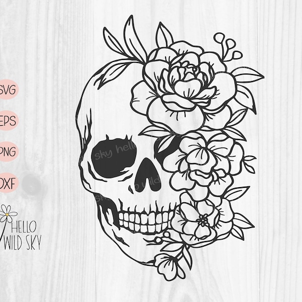 Floral Schädel svg, Schädel Vektor, Schädel Blume svg Vektor-Silhouette, Zucker Schädel svg-Datei, Schädelblume geschnitten Datei, Halloween