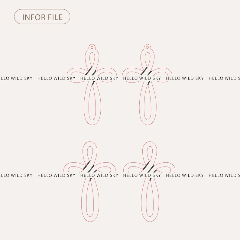 Peut inclure: Quatre motifs rouges en forme de croix avec une boucle en haut, dispos&eacute;s en grille. Le texte "INFOR FILE" est dans le coin sup&eacute;rieur gauche. Les mots "HELLO WILD SKY" sont r&eacute;p&eacute;t&eacute;s sur l'image.
