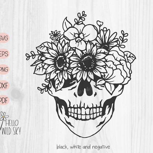 Flower Skull svg, Floral Skull svg file, Skull cut file, Skeleton Svg, Skull with flowers, gothic, Floral Skull svg file,  Skull Vector