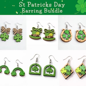 St Patrick's Day Earring Bundle SVG, St. Patrick's Clover Earring SVG,  Wood Shamrock SVG, Glowforge Earrings Svg, (Digital download)