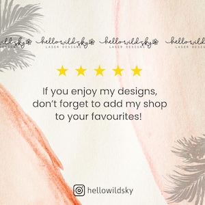May include: A promotional graphic with the text "hello wild sky" and five gold stars. The text encourages viewers to add the shop to their favorites. The background has a watercolor effect with palm fronds.