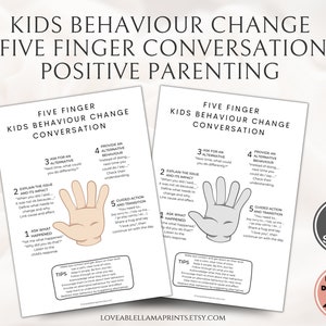 Könnte beinhalten: Zwei druckbare Poster in Schwarzweiß mit einer Illustration einer Hand mit fünf Fingern. Die Poster sind mit "Five Finger Kids Behaviour Change Conversation" betitelt und bieten eine fünfstufige Anleitung für Eltern, die sie verwenden können, wenn sie mit ihren Kindern über Verhaltensänderungen sprechen. Die Poster sind Teil eines positiven Erziehungsansatzes.