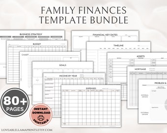 May include: A printable family finance template bundle with over 80 pages. The bundle includes templates for business strategy, budget, chart, goals, income by year, expenses, financial key dates, timeline, assets, mortgage, and problem and solution.