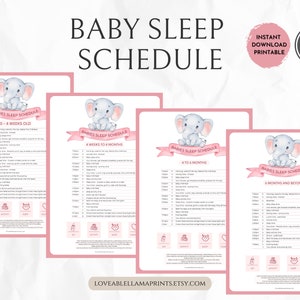 Può includere: Programma di sonno per neonati stampabile in quattro pagine. Ogni pagina presenta uno sfondo rosa con una simpatica illustrazione di un elefante dei cartoni animati e uno striscione rosa con il testo "Programma di sonno per neonati". Le pagine sono etichettate con diverse fasce d'età: da 0 a 4 settimane, da 4 settimane a 4 mesi, da 4 a 6 mesi e da 6 mesi in poi.
