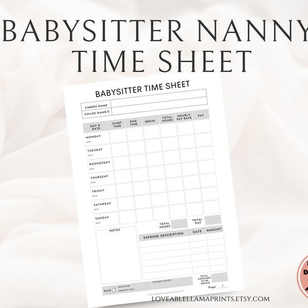 Printable Babysitter time sheet Timesheet tracker for Babysitter Nanny and carer Printable Nanny printable INSTANT PDF DOWNLOAD