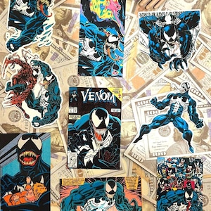 May include: A collection of Venom comic book art and stickers, featuring the character in various action poses and comic book panels. The artwork is set against a backdrop of US one hundred dollar bills.