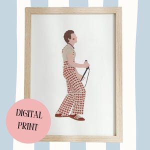 May include: Digital print in a wooden frame featuring a stylized illustration of a person in a heart-patterned outfit. The print includes the text "DIGITAL PRINT" in a pink circle. The background is white with a light blue striped pattern.