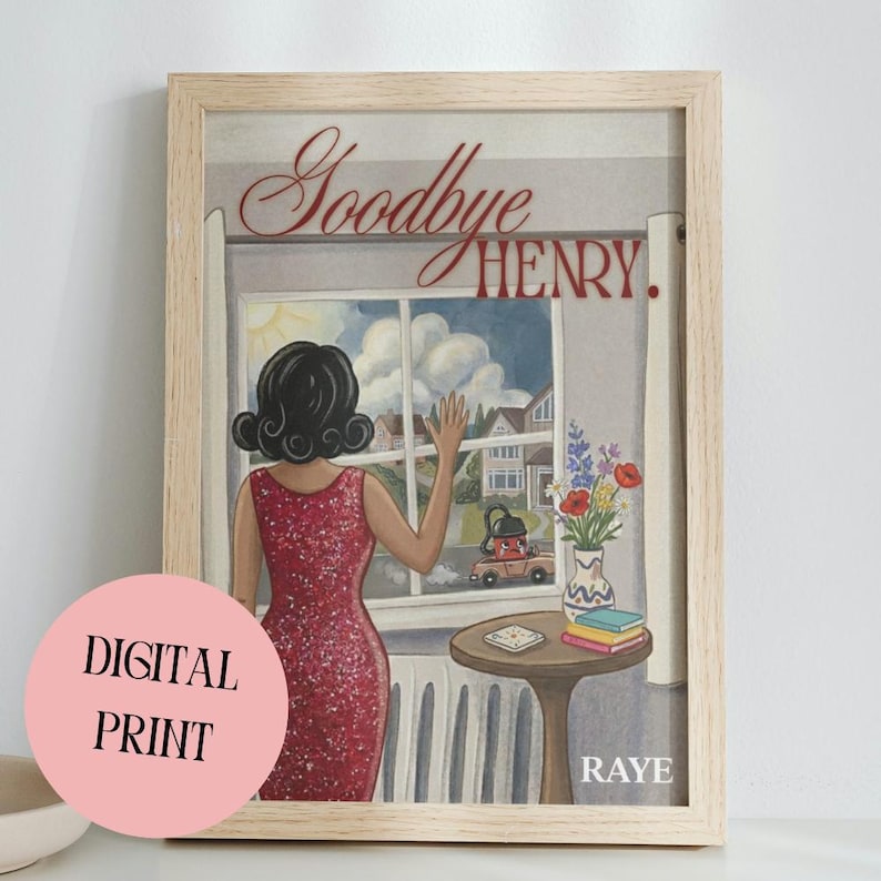 May include: A framed digital print with the text "Goodbye Henry." The artwork depicts a woman in a red dress waving goodbye from a window. A car with a person inside is driving away. A vase of flowers sits on a small table.