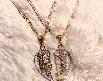 Te amo guldfärgat krossbart hjärta virgen de Guadalupe parhalsband, bästa vän halsband