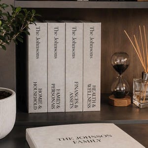 May include: Four light grey storage boxes with black text labels reading The Johnsons followed by Home & Household, Family & Personals, Finances & Assets, and Health & Wellness. A matching box labelled The Johnson Family sits in the foreground.