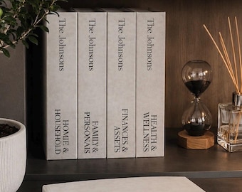 Könnte beinhalten: Vier hellgraue Aufbewahrungsboxen mit schwarzer Beschriftung, die The Johnsons sowie Home & Household, Family & Personals, Finances & Assets und Health & Wellness lautet. Eine passende Box mit der Aufschrift The Johnson Family liegt im Vordergrund.