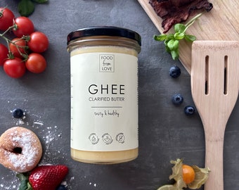 Ghee, Mantequilla de ghee, Mantequilla clarificada, Aceite de mantequilla, Ghee natural, Ghee ayurvédico, Mantequilla sin lactosa, Hecho a mano, Ghee de vaca puro, 400 g (14,1 oz)