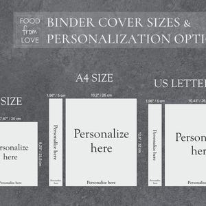 Recipe binder cover size guide showing A5, A4, and US Letter options with labeled dimensions and personalization areas. Custom A4/A5/US Letter 3 - 4 - 2  Rings Binder Book - Best Easter Gift, Recipe Organizer book with Printed Pages, Personalized Cooking Gift