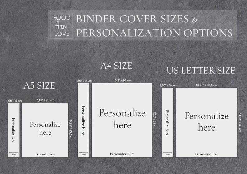 Recipe binder cover size guide showing A5, A4, and US Letter options with labeled dimensions and personalization areas. Custom A4/A5/US Letter 3 - 4 - 2  Rings Binder Book - Best Easter Gift, Recipe Organizer book with Printed Pages, Personalized Cooking Gift