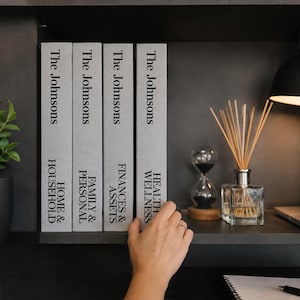 May include: Four light gray books with black text on the spines. The titles read The Johnsons Home & Household, The Johnsons Family & Personal, The Johnsons Finances & Assets, and The Johnsons Health & Wellness, arranged vertically on a shelf.