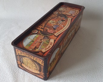 Peijnenburg vintage oblong metal tin for gingerbread, gingerbread or cake in brown with orange