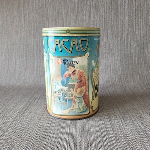 Van Houten Holland Vintage Cocoa Tin with Nostalgic Images | Turquoise & Beige Storage Tin
