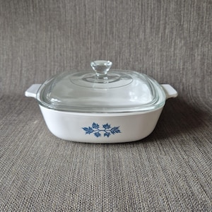 Op de afbeelding: Een witte vierkante ovenschaal met geïntegreerde handgrepen aan de zijkant en een doorzichtig glazen deksel. De buitenkant is voorzien van een blauw bladpatroon in het midden. De schaal heeft een gladde afwerking en afgeronde hoeken.