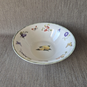 Può includere: Ciotola da portata in ceramica bianca con un design decorativo a frutta e farfalle. La ciotola presenta illustrazioni di limoni, ciliegie, prugne e farfalle. Il bordo ha un bordo verde e bianco. Un pezzo decorativo per la cucina o la sala da pranzo.