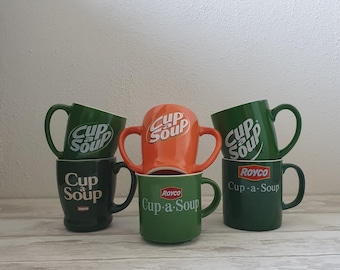 Tasses/mugs vintage Cup-a-Soup avec anses, divers types d&#39;objets de collection publicitaires en orange et vert | avec et sans logo publicitaire