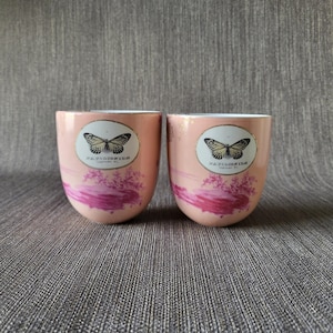 May include: Two pink ceramic cups with a butterfly design. Each cup features a white oval with a butterfly illustration and the text "Papilionidae". The cups have a gold rim and a watercolour-style floral design in shades of pink and purple.