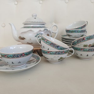 Rare Chinese Mun Shou Longevity tea set with pagoda decor for 7 people, made in Jingdezhen China