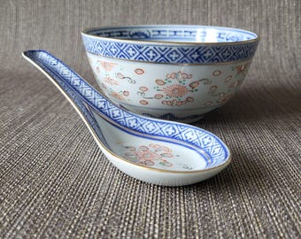 Jingdezhen China Vintage Rice Grain Porcelain Set of Bowl and Spoon | Dragon with Gold Rim