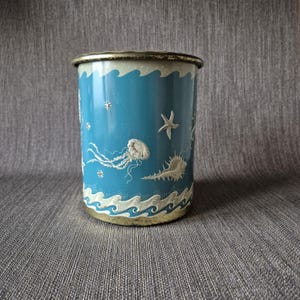 Lata de almacenamiento vintage 'Bajo el mar' | Turquesa con caballitos de mar y conchas | Decoración marítima