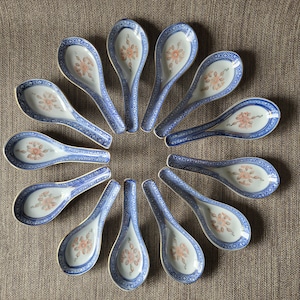JingDeZhen Vintage Chinese Porseleinen Lepels - Handbeschilderd met Rice-Eye Patroon - Blauw Oranje en een Vleugje Groen
