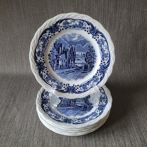 May include: A stack of white ceramic plates with a blue and white landscape design. The plates have a scalloped edge and a detailed illustration of a building and road. The plates are stacked on a clear plastic plate stand.