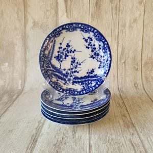 Op de afbeelding: Een stapel van zes blauwe en witte porseleinen schoteltjes met een bloemenmotief. Het bovenste schoteltje heeft een delicaat bloemenpatroon met blauwe takken en witte bloesems.