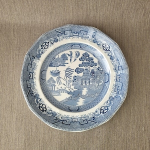 Puede incluir: Un plato redondo de cerámica azul y blanco con un diseño detallado de patrón Willow. El plato presenta una escena central de paisaje con un puente, árboles y una pagoda, rodeada por un borde decorativo. El plato tiene aproximadamente 25 cm de diámetro.