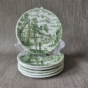 English Ironstone Tableware Vintage Petit Four Bordjes (Set van 6) | Groen Transferware Tapasbordjes